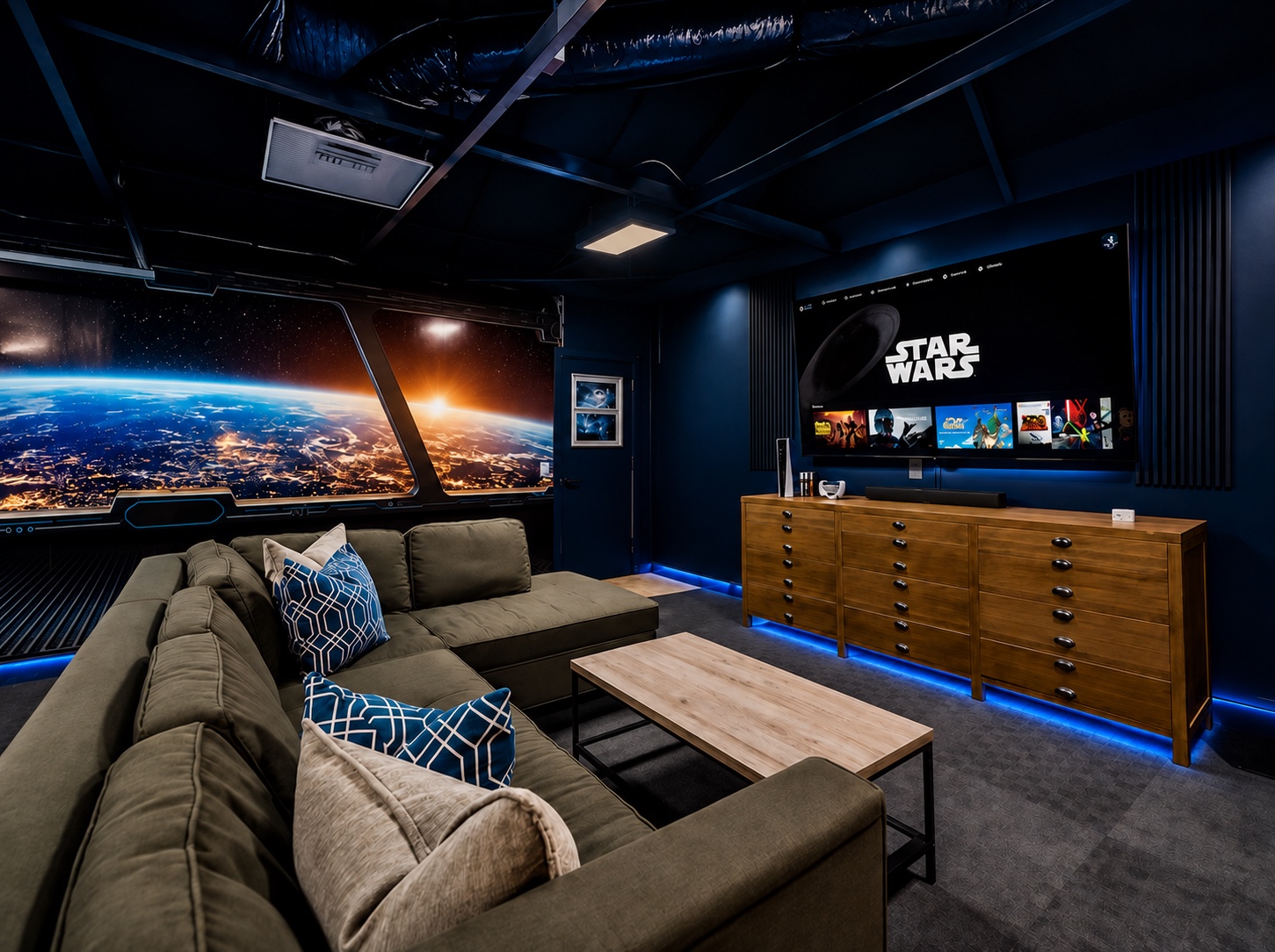 Immersive game room and home theater designed for an Orange County vacation rental
